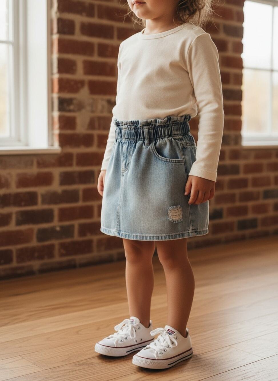 Zara Girls Distressed Denim Paperbag Skirt 3-4T Light Wash